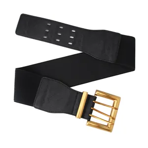 Women's wide elastic waist belt with a matte gold square double-pin buckle in black