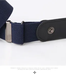 Detail of dark blue elastic belt with silver metal buckle and black leather texture