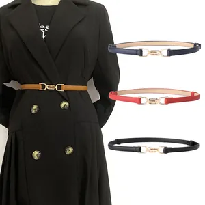 Women Fashion Skinny PU Leather Belt With Gold Alloy Interlocking Buckle Elegant Waist Strap For Dress Coat Decoration