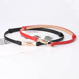 Minimalist women's adjustable thin leather belt set in classic black and vibrant red colors