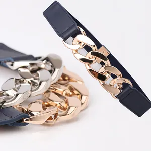 Women Fashion Elastic Waist Belt With Exaggerated Metal Chain Buckle Wide Stretch Waistband For Dresses Accessories