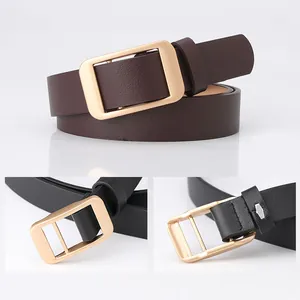 Minimalist women's leather belt with gold rectangular buckle for jeans and suits