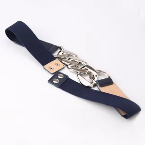 Navy blue elastic waist belt with bold chunky silver chain and double snap buttons