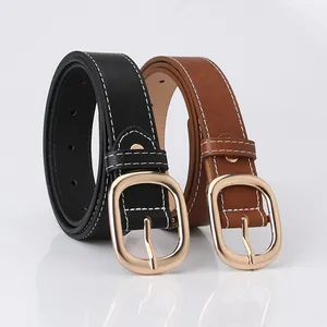 Cintura da Donna in Pelle PU Alla Moda Con Fibbia Ovale in Lega Dorata Cuciture a Contrasto Cintura Decorativa Casual Per Jeans Abiti