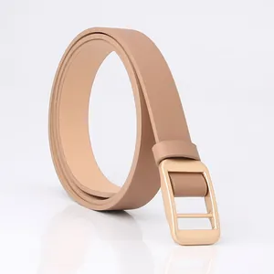 Minimalist beige leather belt for women with elegant matte gold rectangular buckle
