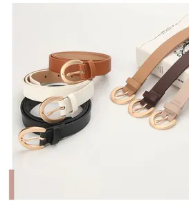 Set of six colorful slim leather belts with gold horseshoe buckles on white books