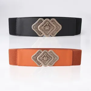 Women Vintage Carved Buckle Wide Elastic Waist Belt For Dresses Coats PU Leather Interlocking Buckle Retro Cinch Belt