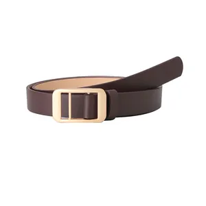 Classic dark brown leather belt with gold rectangular buckle for women's jeans and suits