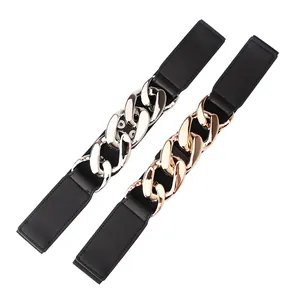 Elastic punk belts for women with chunky gold and silver metal chains on black bands
