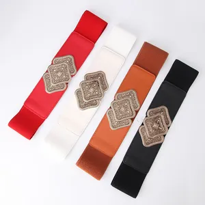 Women's wide elastic waist belt with vintage engraved buckle in four classic colors