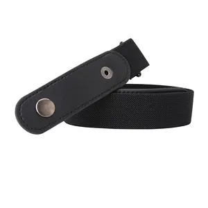 Minimalist black elastic no-buckle belt with leather ends and metal snap closure