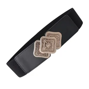 Women's vintage wide elastic waist belt with antique gold floral carved metal buckles