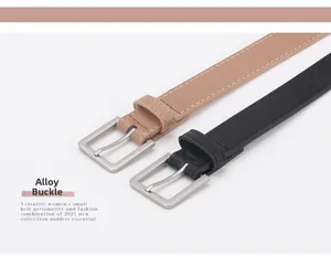 Details von minimalistischen schmalen Damen-Gürteln in Schwarz und Khaki mit Legierung