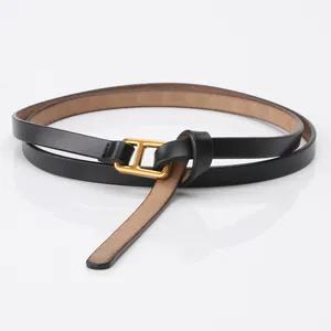 Minimalist black leather skinny belt for women with gold H-shaped metal buckle design