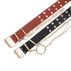 Cinturones punk de cuero PU negro y marrón con ojales dobles y cadenas doradas