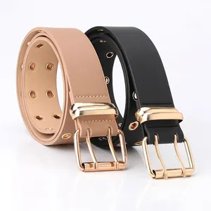 Women's Fashion Double Row Eyelet Belt PU Leather Waistband With Gold Double Pin Buckle For Dress Jeans Punk Style