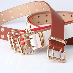 Chic women's double-eyelet leather belts with gold square buckles in three colors