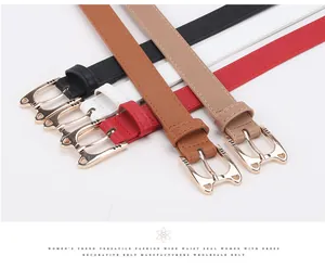 Multi-color thin leather belts featuring a golden cat head alloy buckle for women