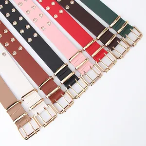 Women's double-row eyelet fashion belts with gold buckles in various colors