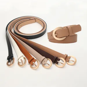 Set of women's PU leather belts in six colors with matte gold round buckles