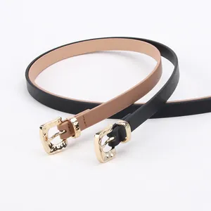 Women's Thin PU Leather Belt With Gold Hammered Alloy Buckle Minimalist Elegant Waist Strap For Dresses Jeans Fashion Accessories