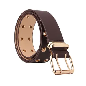 Brown leather double eyelet belt with gold buckle for women's dresses and suits