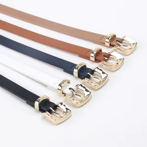 Set of 5 slim leather belts for women with textured gold buckles in various colors