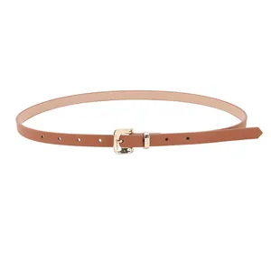 Minimalist brown skinny belt for women with polished gold textured square buckle