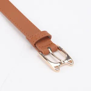 Elegant brown leather belt featuring a cute golden cat-shaped buckle for women's fashion