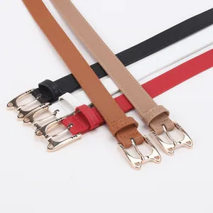 Five thin leather belts for women with cute gold cat-shaped buckles in various colors
