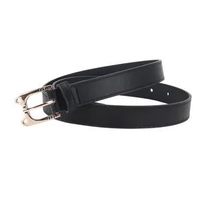 Women's black leather belt with a stylish gold cat-shaped buckle for coats and jeans