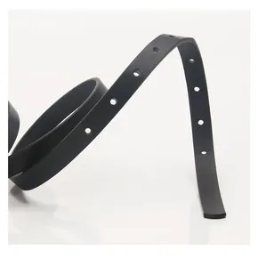 Detail view of the black lychee pattern leather belt with rounded buckle holes