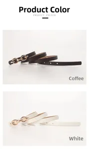 Detail view of coffee and white skinny belts with golden interlocking ring buckles
