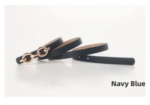Detail of navy blue thin leather belt with a golden metal chain buckle on a white surface