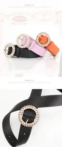 Detail showing elegant PU leather belts with pearl and rhinestone buckle in multi-colors