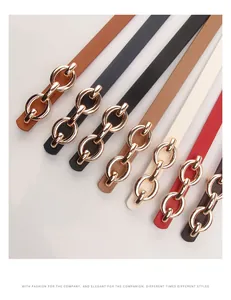 Collection of women's slim PU leather belts with gold chain buckles in seven various colors