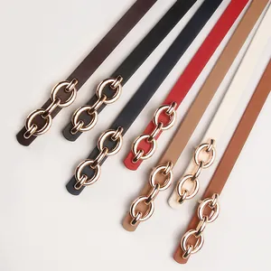 Fashion Women Skinny PU Leather Belt Gold Alloy Chain Link Buckle Versatile Thin Waist Strap For Dress Jeans Niche Style