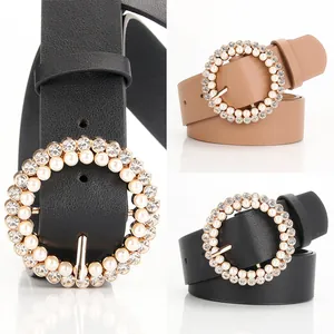 Women's Elegant PU Leather Belt With Pearl Rhinestone Round Buckle Decorative Waist Strap For Dress Fashion Accessories