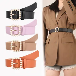Elegant Women PU Leather Belt With Square Artificial Pearl Inlaid Pin Buckle Fashion Versatile Waistband For Dress Jeans Ladies Accessory