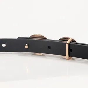 Women black thin leather belt with rose gold alloy buckle and adjustable holes
