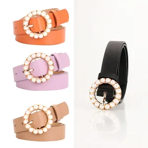 Elegant Women Faux Leather Belt Circular Pearl Pin Buckle Solid Color Fashion Waistband For Dress Jeans High Quality Accessory