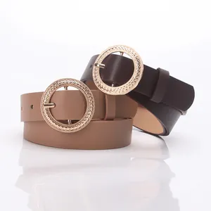 Women's round gold buckle waist belt in dark and light brown leather for dresses