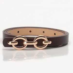 Women's dark brown PU leather belt with decorative gold double-ring chain buckle