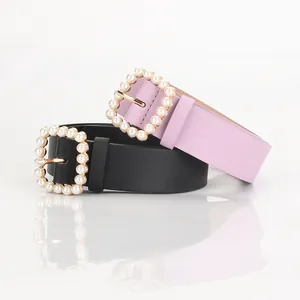 Elegant pearl square buckle belts in black and lilac faux leather for women's fashion