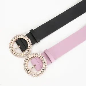 Elegant PU leather belts for women with pearl and rhinestone encrusted circular buckles