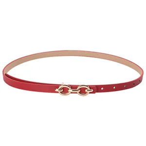 Slim red women's belt with a gold double ring chain buckle shown at a 45-degree angle