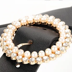 Elegant black PU leather belt for women with luxury pearl and rhinestone buckle