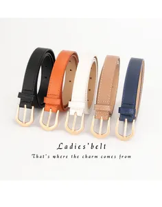 Detail view of five assorted color leather belts with elegant golden half-round buckles