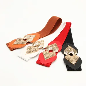 Elastic waist belts for women with gold leaf buckle in orange, white, red, and black colors