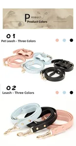 Detail of PU leather pet collar with bow and matching leash in pink, blue, and black colors